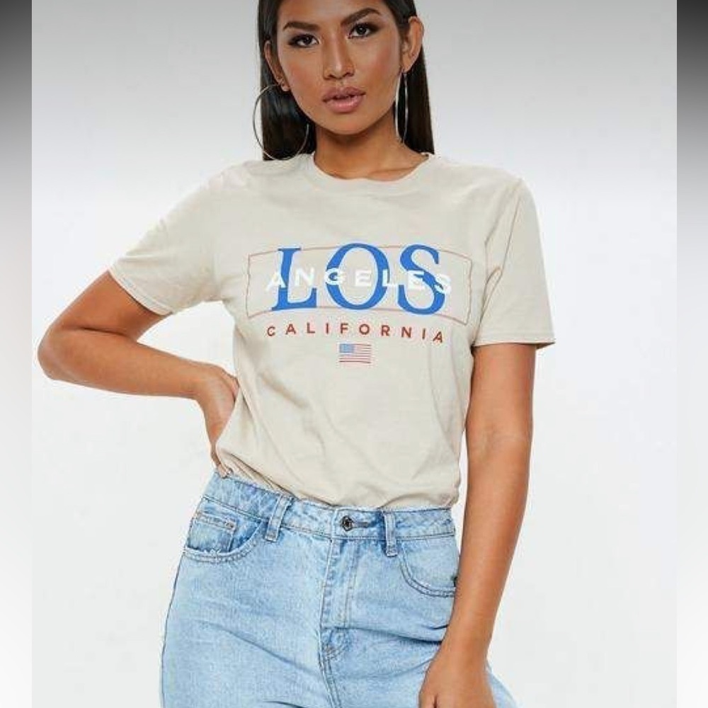 Missguided Los Angeles Patriotic Beige Tee Shirt  6/8 Short Sleeve